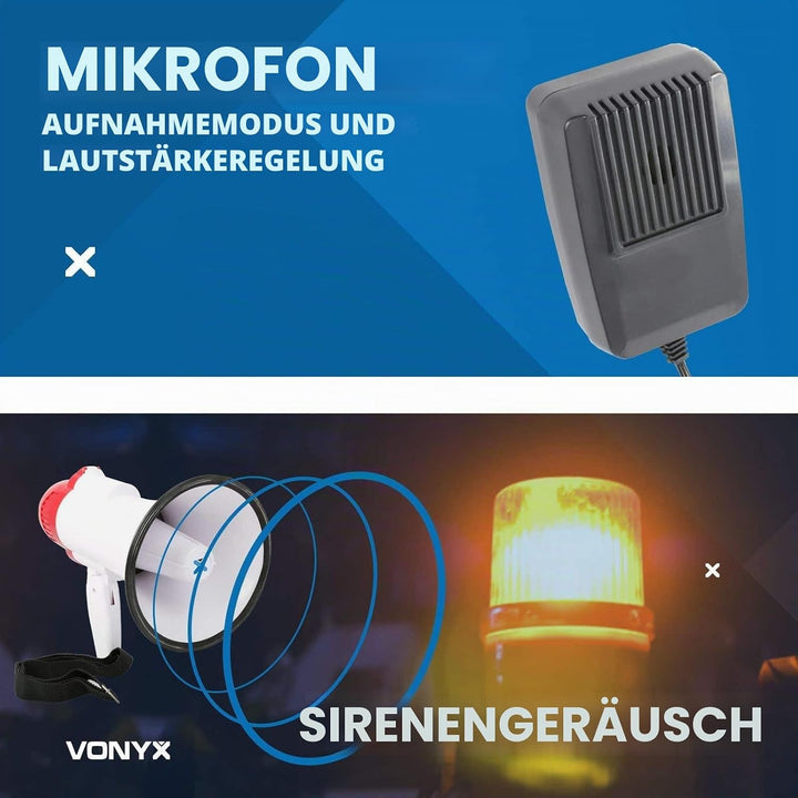 VONYX MEG040 Megafon mit Sirene und Aufnahmefunktion, 40 Watt lautes Megaphone, Party-Megafon, Sprac