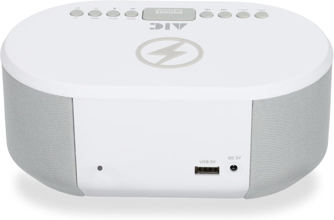 AIC Radiowecker DAB mit Ladefunktion Bluetooth QI Funktion USB Dual Alarm 18DAB Weiss
