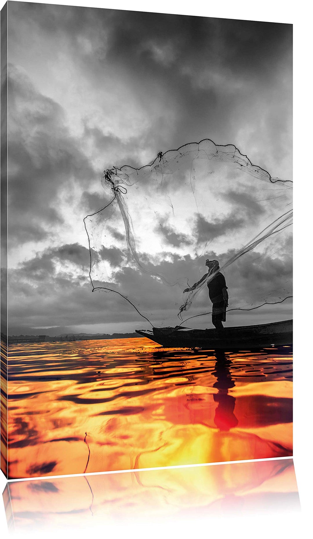 Pixxprint Angler mit grossem Fangnetz auf See als Leinwandbild/Grösse: 100x70 cm/Wandbild/Kunstdruck