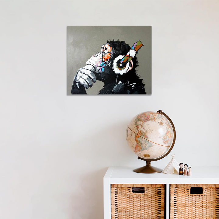 Fokenzary Handgemaltes Ölgemälde auf Leinwand Pop Art Putziger Schimpanse hört Musik mit Kopfhörer m
