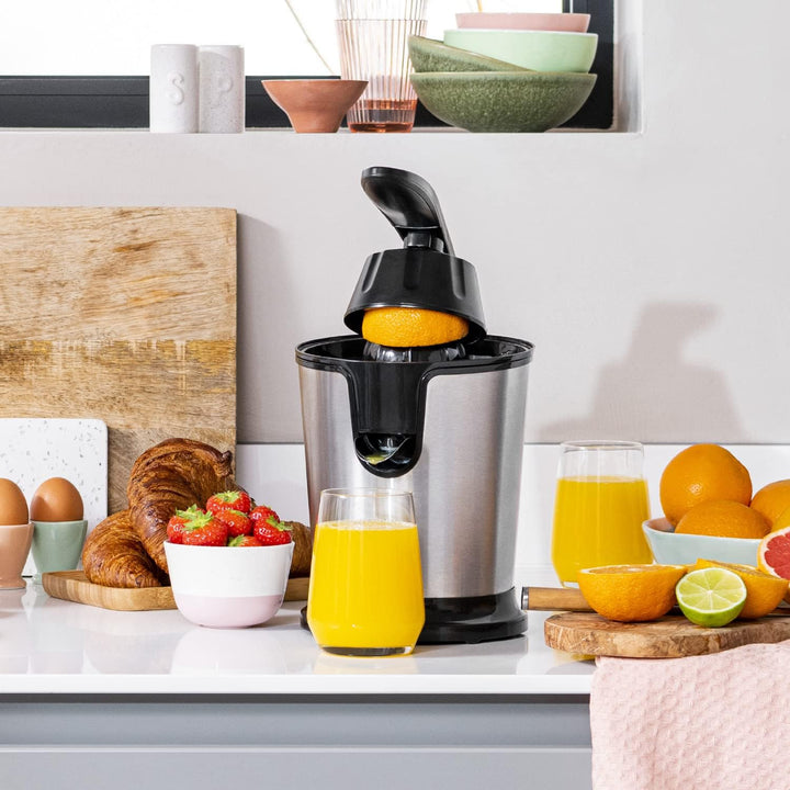 Tristar CP-3002 Zitruspresse – 2 Presskegel – Fruchtfleischfilter – Schwarz/Edelstahl 85 Watt, 85 Wa