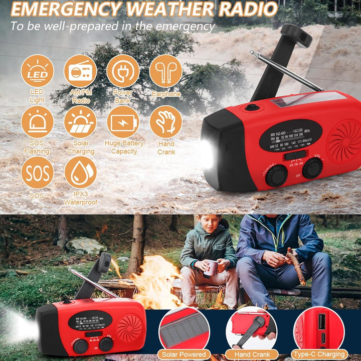 CCYLEZ Notfall-Wetterradio, AM FM NOAA WB-Radio mit Handkurbel-Solarpanel und 2000-mAh-USB-Ladegerät