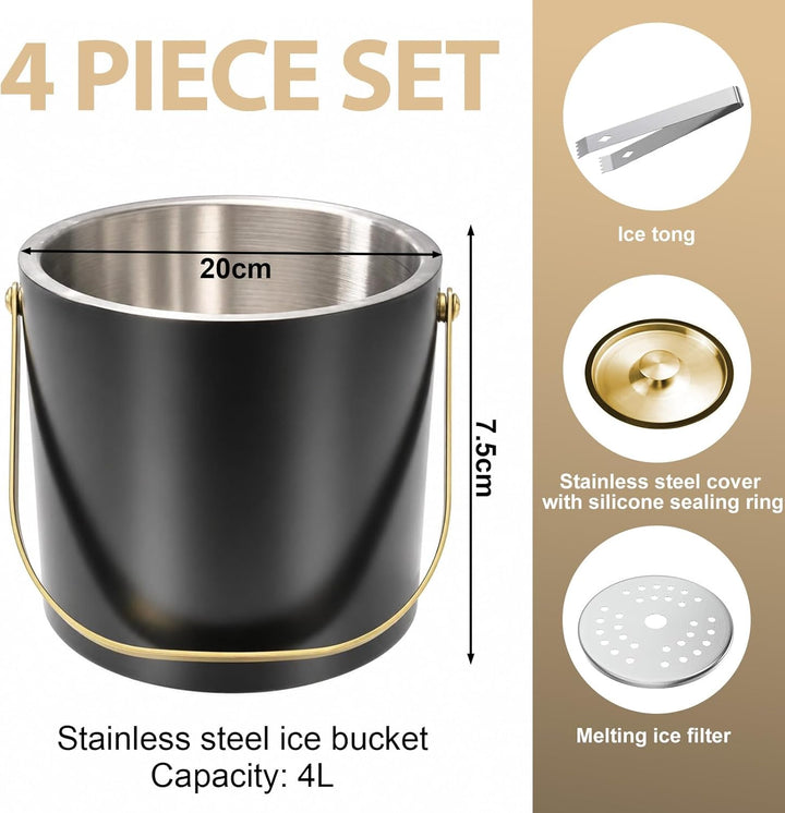 Eiswürfelbehälter Edelstahl, 4L Eiswürfelbehälter mit Deckel, Sieb Und Eiszange, Doppelwandig Isolie