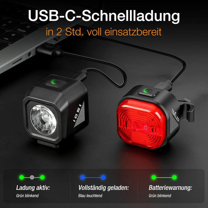 Tavaler Fahrradlicht Set USB Aufladbar | StVZO Zugelassen Fahrradbeleuchtung Set | IPX5 Wasserdicht