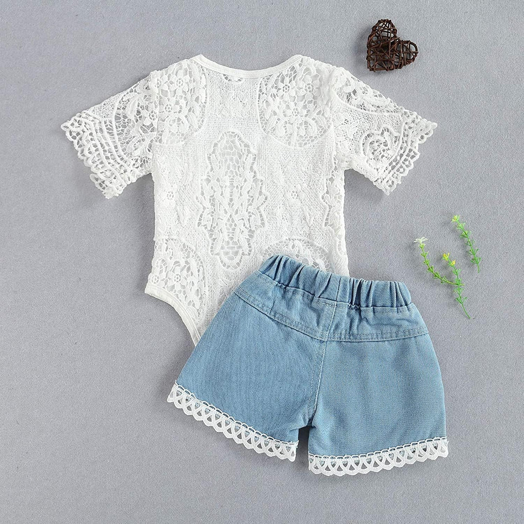 Kleinkind Kleinkind Baby Mädchen Kleidung Bestickte Spitze Strampler Zerrissene Jeans Denim Hosen Ou