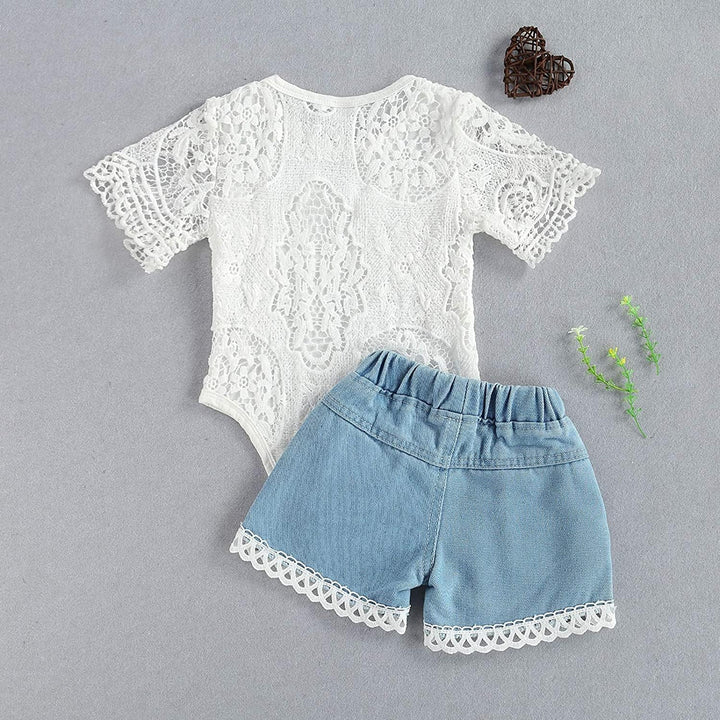 Kleinkind Kleinkind Baby Mädchen Kleidung Bestickte Spitze Strampler Zerrissene Jeans Denim Hosen Ou