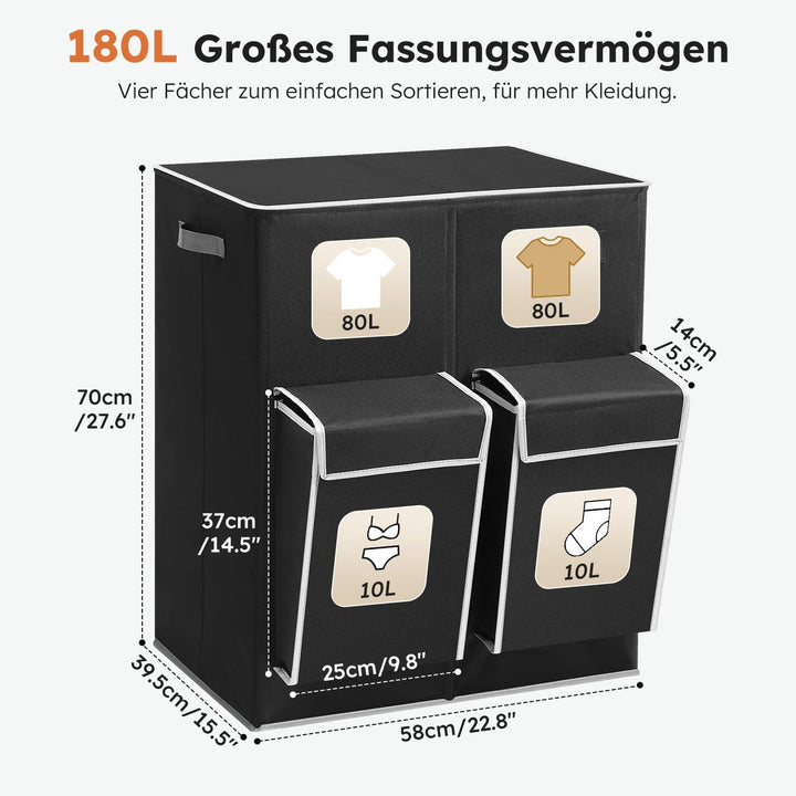 SOLEDI 180L Wäschekorb mit Deckel, Wäschesammler 2 Fächer mit 2 Seitentaschen, Laundr Baskets mit 2