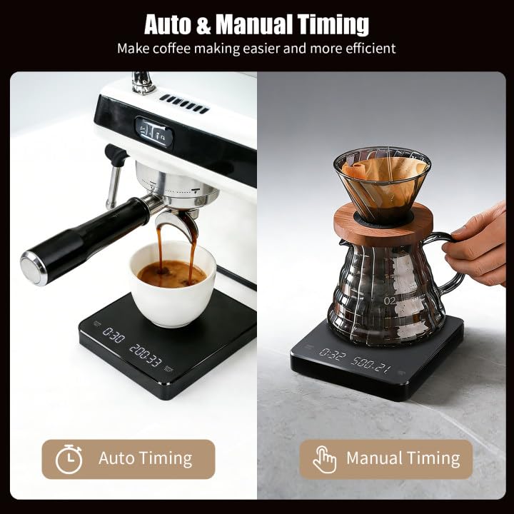 Kaffeewaage mit Timer, 3kg/0.1g Wiederaufladbare Digitale Küchenwaage, Tragbar mit LED-Anzeige & Aut