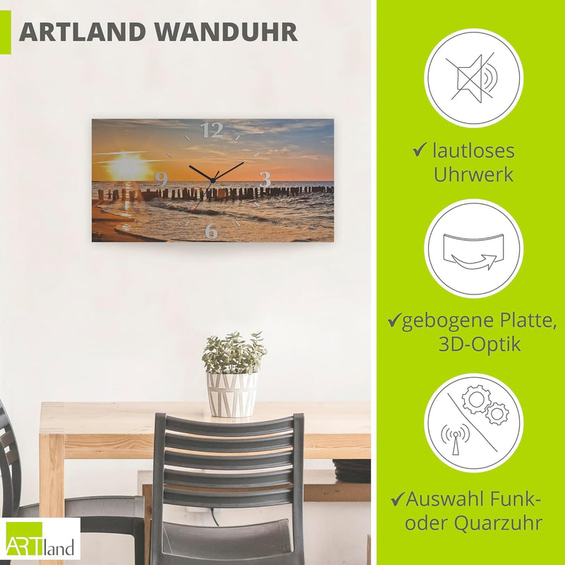 ARTLAND Wanduhr ohne Tickgeräusche Alu Funkuhr 50x25 cm Rechteckig Lautlos Strand Meer Sonnenunterga