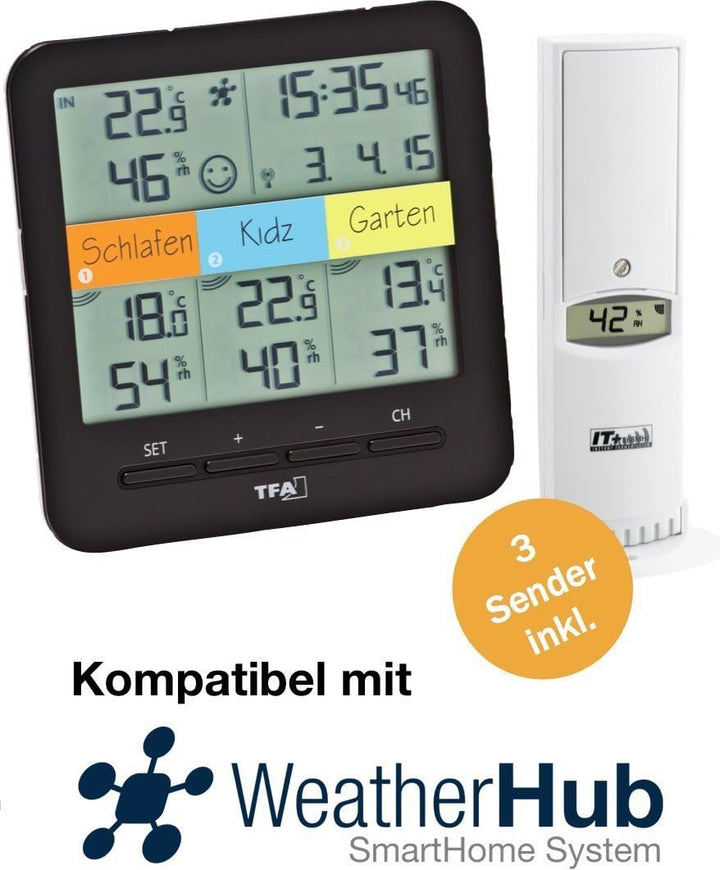 TFA Dostmann 30.3060.01 Funkthermo-Hygrometer Klima Home, schwarz (Schwarz mit Batterien), Schwarz m