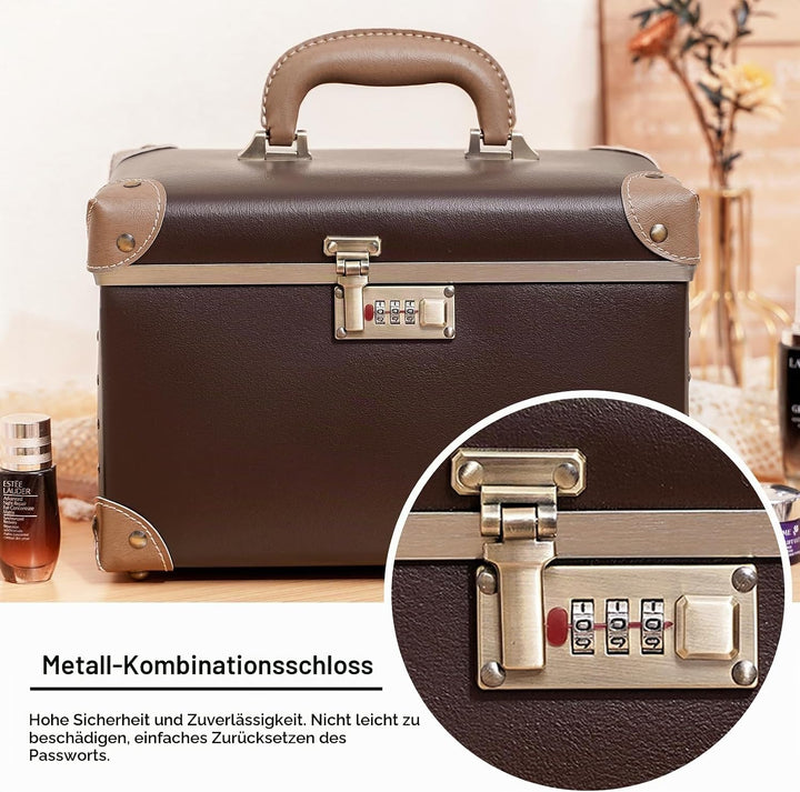 urecity Vintage Leder Kosmetikkoffer mit Spiegel - Hartschale Schminkkoffer für Damen, Reise Make-up