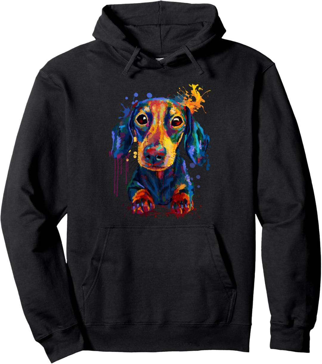 Dackel Hund Buntes Spritzporträt Portrait Kunstwerk Pullover Hoodie
