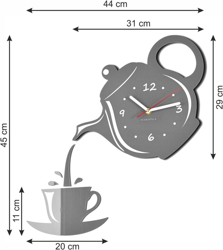 FLEXISTYLE Moderne Wanduhr für die Küche Tasse Und Kanne, 45 cm x 45 cm, 3D, leise, Design, Made in