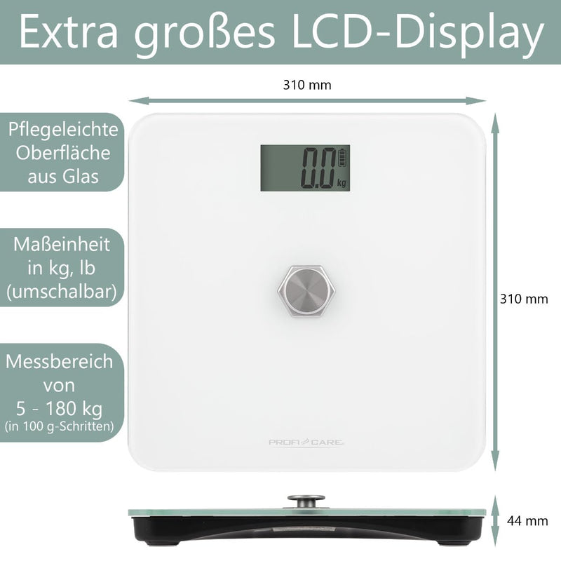 ProfiCare® Personenwaage ohne Batterie, Waage mit Messbereich von 5g – 180 kg und grossem LCD-Displa