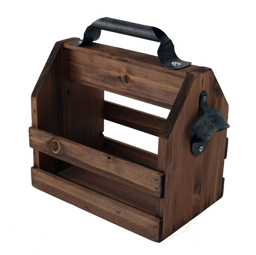 Retro Bierträger für 6 Flaschen 0,33 L Holz mit Metall Flaschenöffner Flaschenhalter Flaschenträger