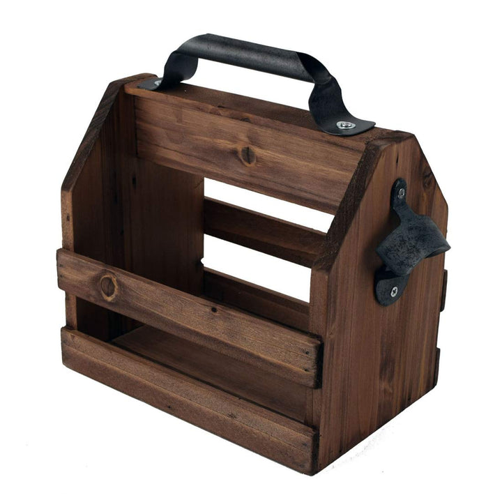 Retro Bierträger für 6 Flaschen 0,33 L Holz mit Metall Flaschenöffner Flaschenhalter Flaschenträger