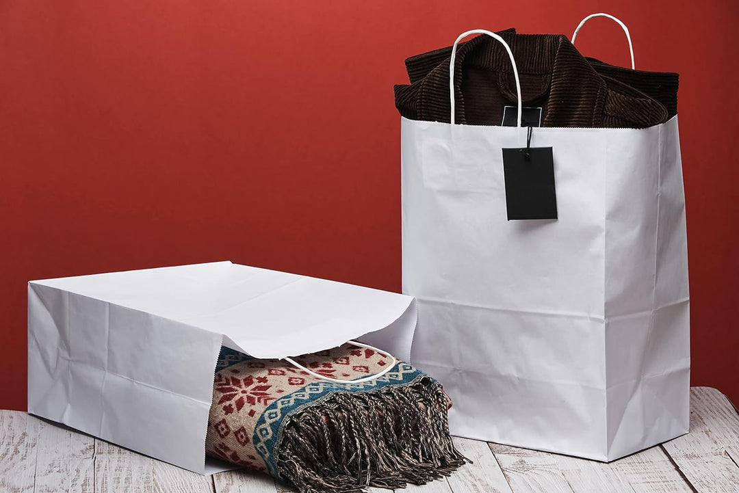 Extiff Papiertragetaschen mit Griffen, 26 x 14 x 32 cm, Geschenkverpackung, Weiss, 50 Stück x50 weis