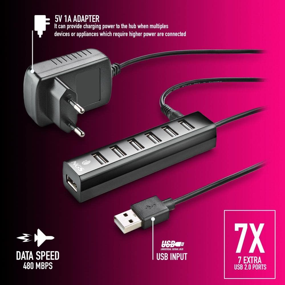 NGS IHUB7 Tiny - USB 2.0 Hub 7 Ports mit Power Adapter 5V/1A, universell kompatibel, Plug and Play