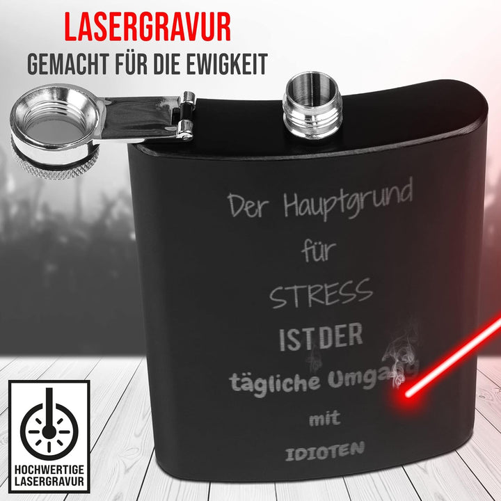 Flachmann mit Gravur aus Edelstahl selbst gestalten - mit Wunschtext gravieren - Geschenkidee für Fr