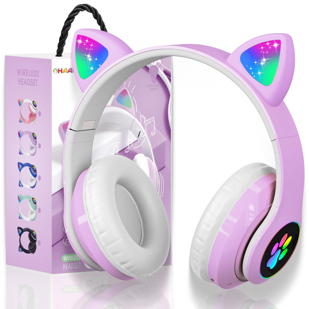 Bluetooth kopfhörer Kinder,Mädchen Katzenohr Kopfhörer Over-Ear mit LED-licht Faltbare Stereo Kopfhö