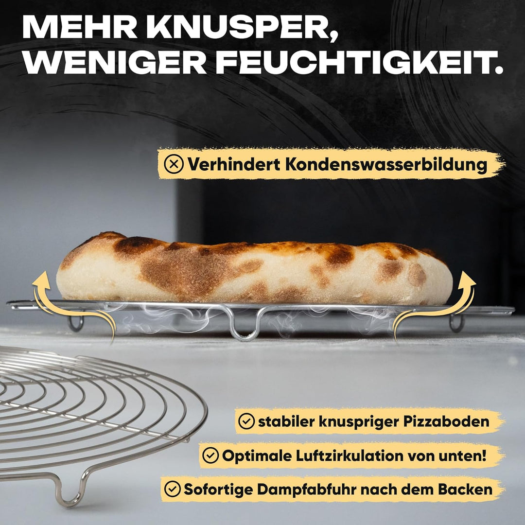 DELICRET „Black Line“ Pizzaschieber 12"/Ø30 – 30×30×72 cm inkl. Ø 32 cm Abkühlgitter für extra knusp