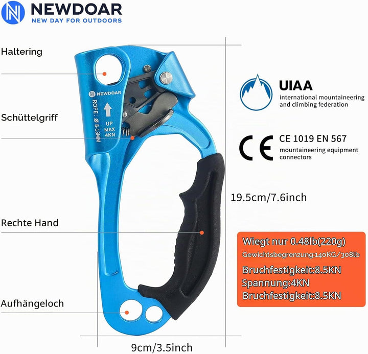 NewDoar UIAA &amp; CE-zertifizierte Handsteigklemme Seilklemme Ascension Kletterbaum Baumpfleger Abseile