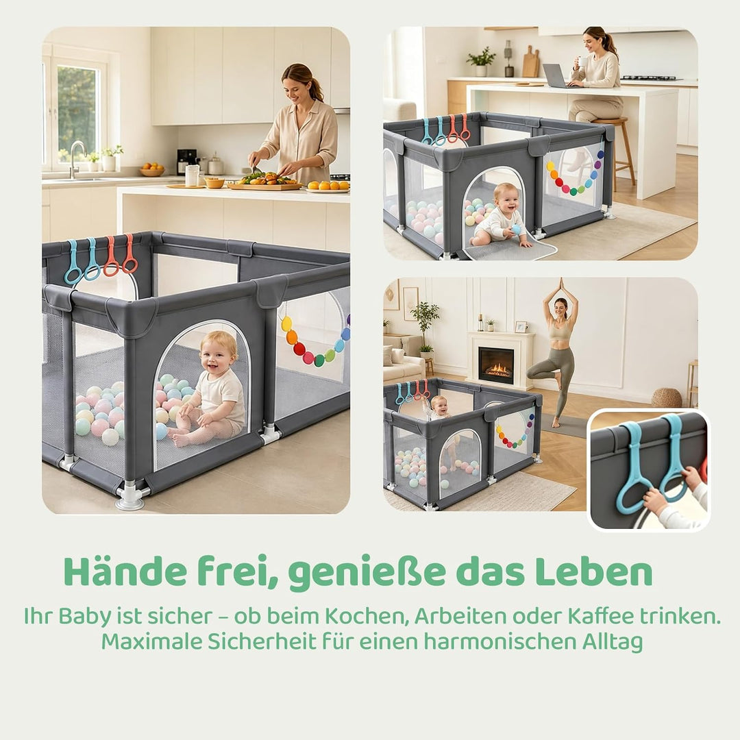 Laufstall Baby Robustes Laufgitter Playpen,Baby Gitter mit 4 Reissverschlusstür &amp; Starker Saugnapf |