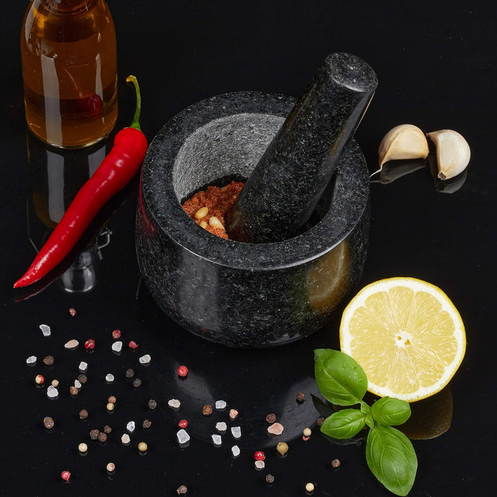 Relaxdays Granit Mörser mit Stössel, robust & langlebig, Gewürze, Kräuter, polierter Steinmörser, Ø