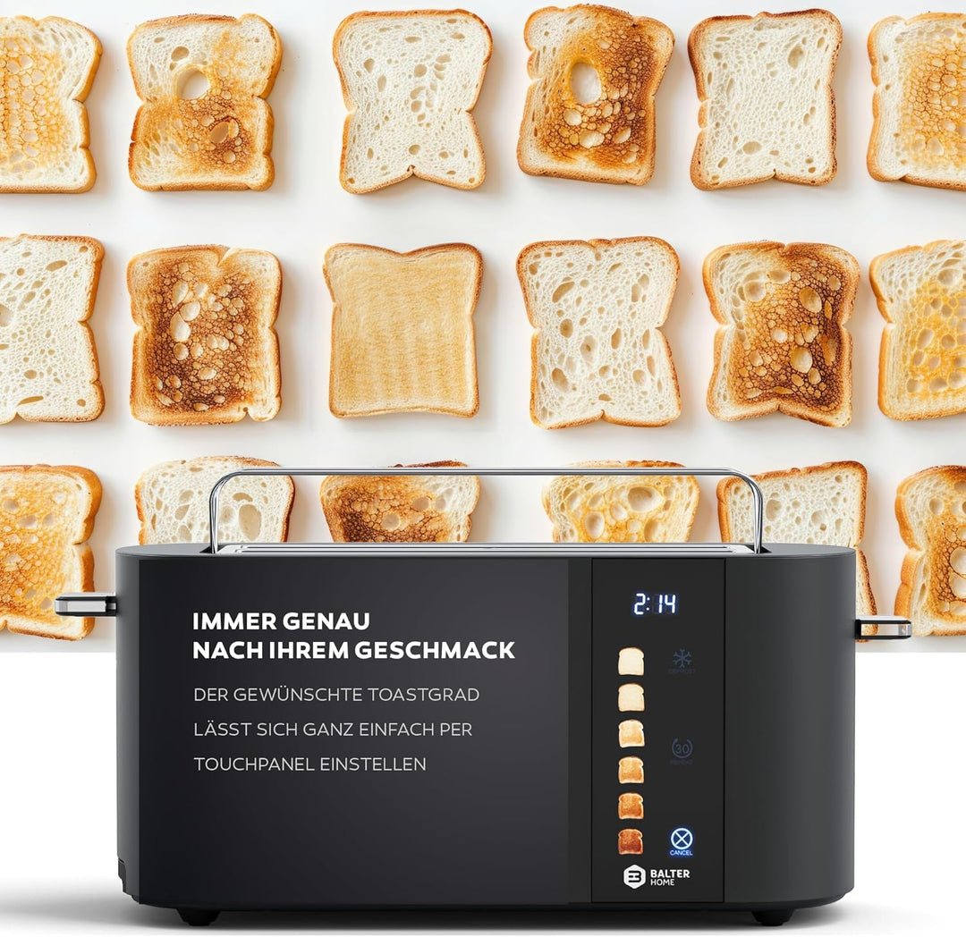 Balter Toaster 4 Scheiben, Touch Bedienung, Langschlitz, Edelstahl, Brötchenaufsatz, LCD Display Lan