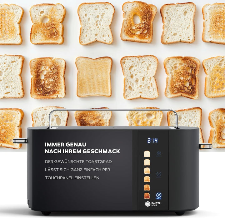 Balter Toaster 4 Scheiben, Touch Bedienung, Langschlitz, Edelstahl, Brötchenaufsatz, LCD Display Lan
