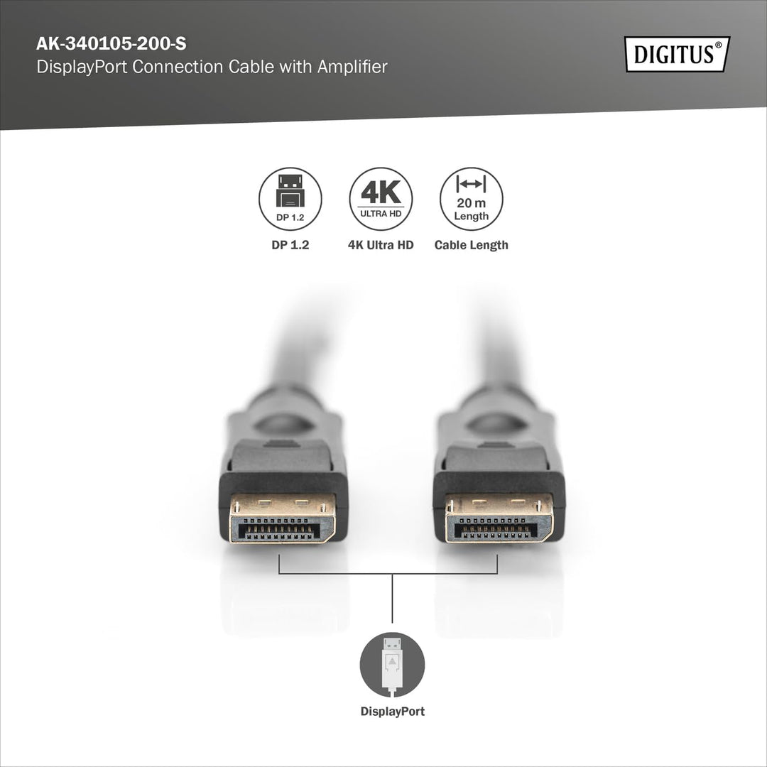 DIGITUS DisplayPort-Kabel mit Verstärker - UHD 4K/60Hz - 20m - Verriegelung - Displayport 1.2 - Komp