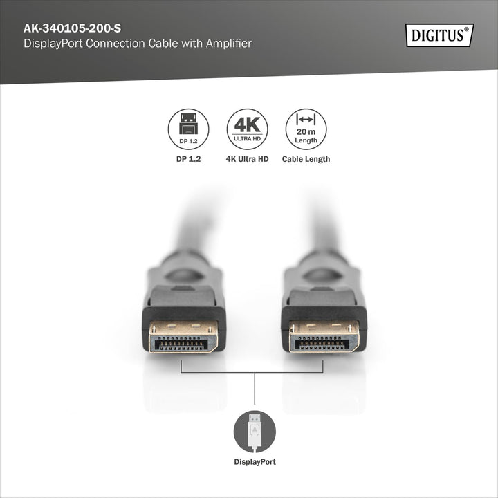 DIGITUS DisplayPort-Kabel mit Verstärker - UHD 4K/60Hz - 20m - Verriegelung - Displayport 1.2 - Komp