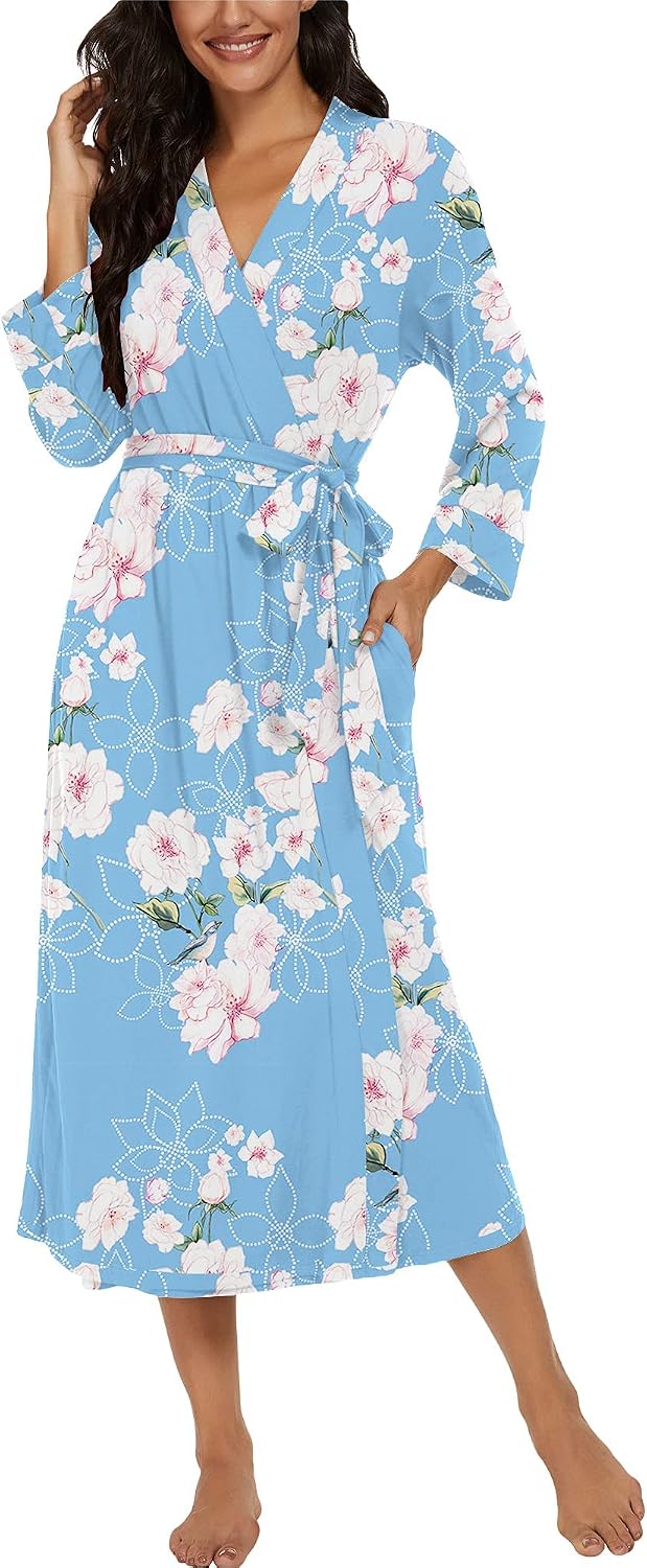 PrinStory Damen Bademantel Leichter 3/4 Ärmeln Morgenmantel V-Ausschnitt Kimono Roben Langes Nachtwä