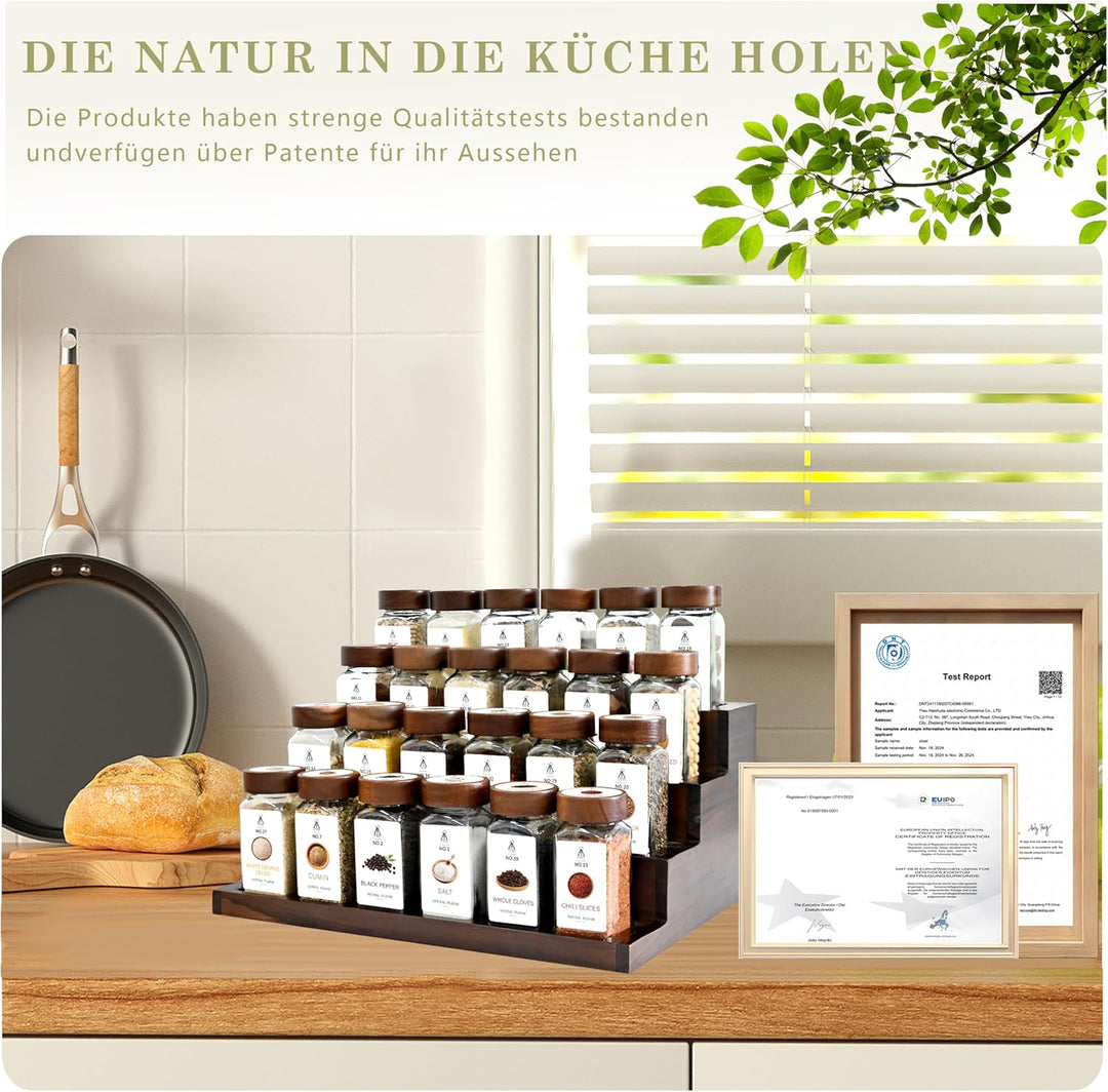 Gewürzgläser Eckig mit 2-in-1 Akazienholz-Gewürzregal Stehend (FCM®) – 24x120ml Gewürzdosen Set, Gew