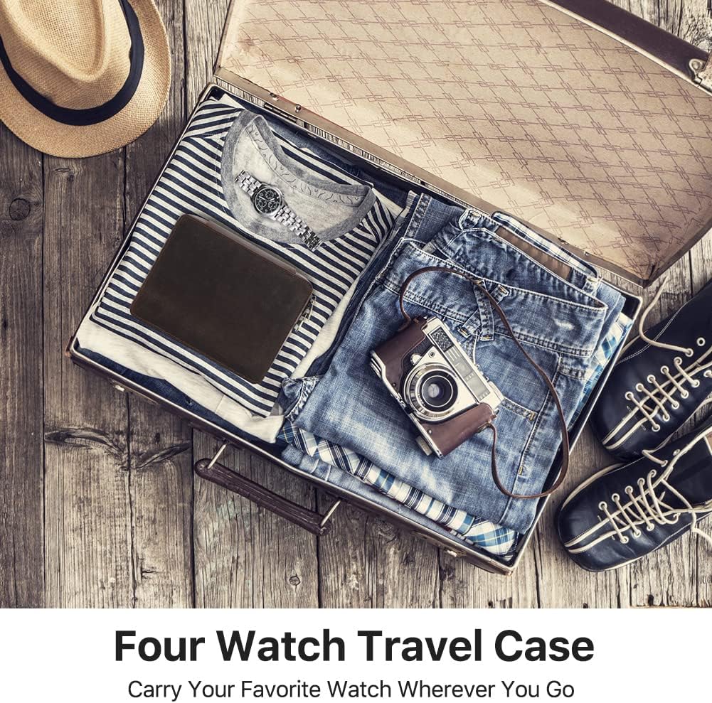Hiram Multifunktionales Uhrenetui für 4 Uhren, tragbar, echtes Leder, Uhren-Organizer-Box für Damen