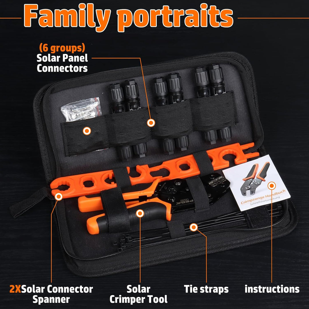 PEBA Solar Crimpzange Set für 2.5/4.0/6.0mm² Solarpanel PV Kabel, mit 12 Stk Male/Female Solarpanel