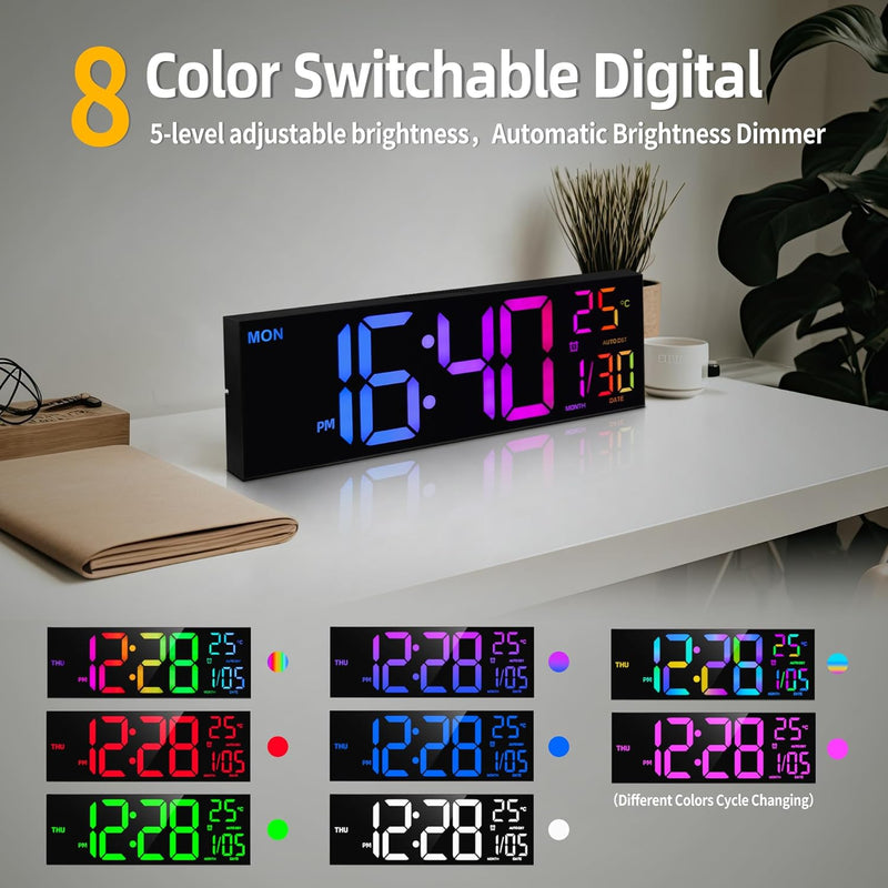 HAITANG Digitale Wanduhr in 8 Farben, 41,1 cm, grosse Digitaluhr mit Temperatur, Datum, automatische