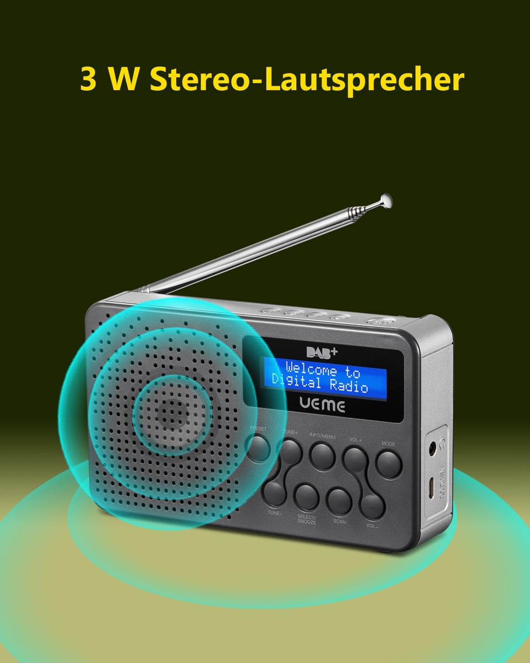 UEME Tragbares DAB+ DAB FM-Radio mit 3W Lautsprecher mit verbessertem Bass, Integriertem 2600mAh Lit
