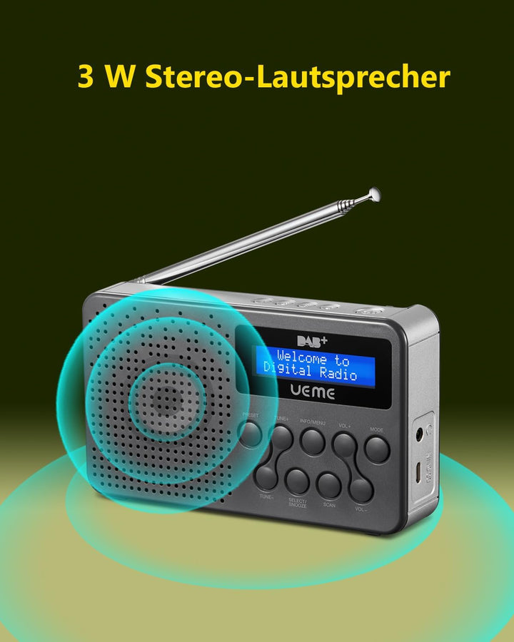 UEME Tragbares DAB+ DAB FM-Radio mit 3W Lautsprecher mit verbessertem Bass, Integriertem 2600mAh Lit