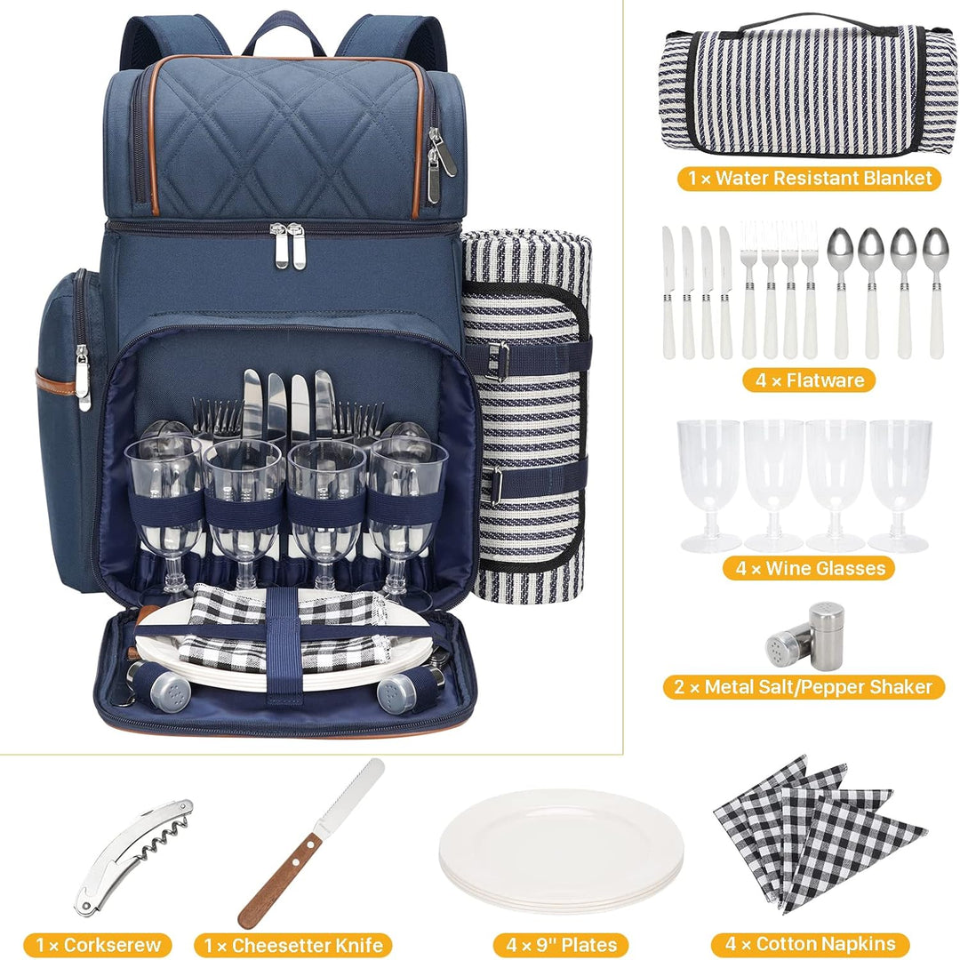 Picknick-Rucksack für 4 Personen, Picknickkorb-Set, auslaufsichere Picknicktasche, Strandkühlrucksac