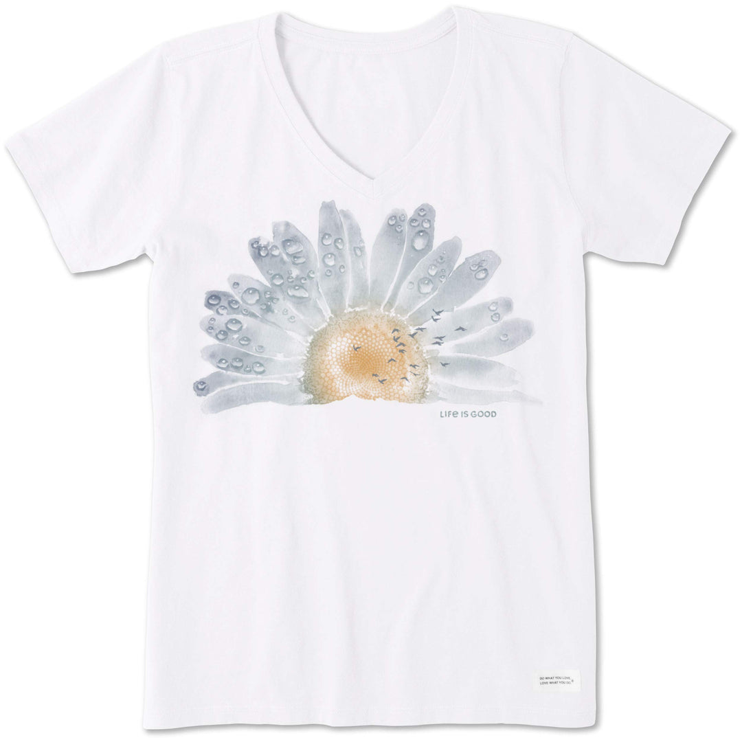Life Is Good Damen Crusher Graphic V-Neck T-Shirt Watercolor Daisy Birds 3XL Wolkenweiss, 3XL Wolken