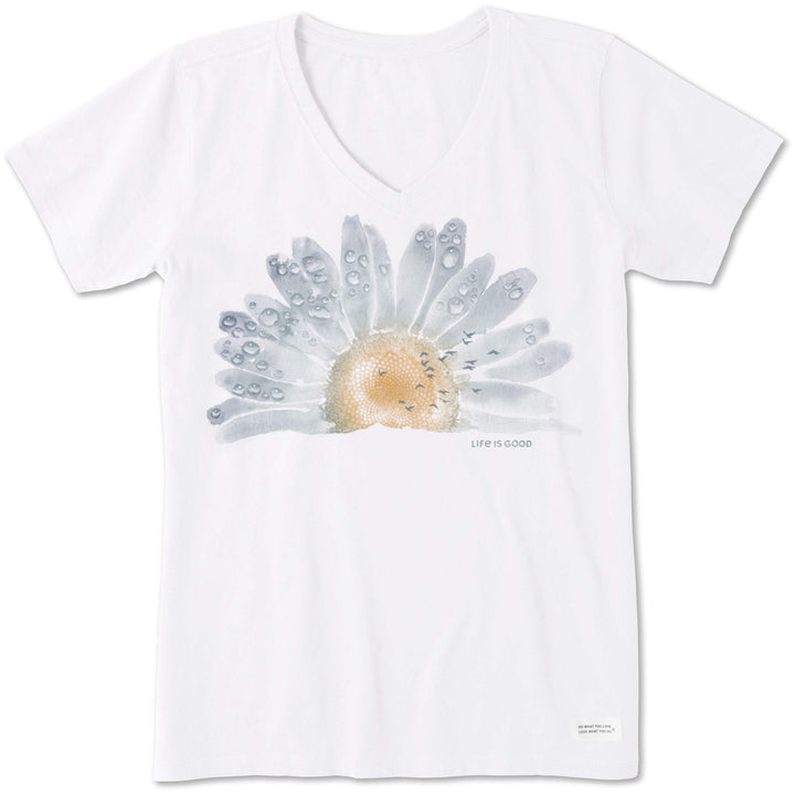 Life Is Good Damen Crusher Graphic V-Neck T-Shirt Watercolor Daisy Birds XL Wolkenweiss, XL Wolkenwe