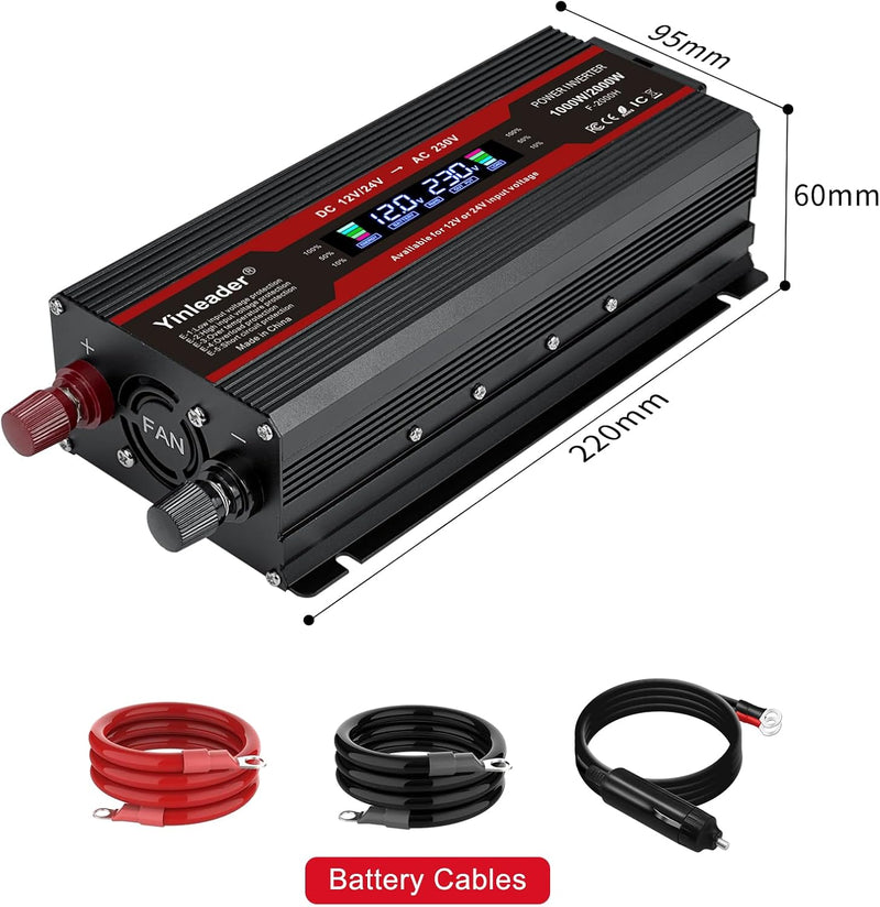 Yinleader Modifizierter Sinus Wechselrichter 12V/24V auf 230V Spannungswandler 1000W / 2000W LCD-Dis