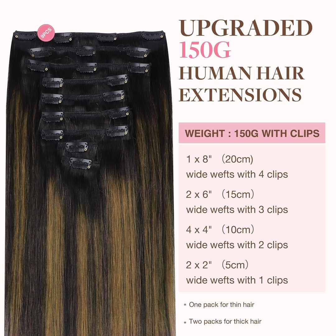 GOO GOO Clip in Extensions Echthaar, Echthaar Extensions Clip, 35cm 150g 9pcs, Extensions Echthaar,