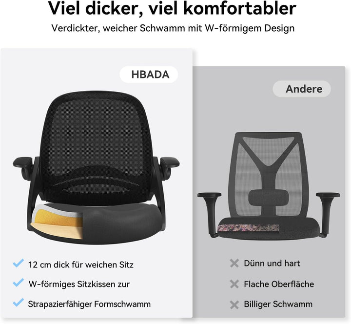 Hbada Bürostuhl Ergonomischer Schreibtischstuhl Arbeitsstuhl Drehstuhl mit klappbaren Armlehnen Mesh