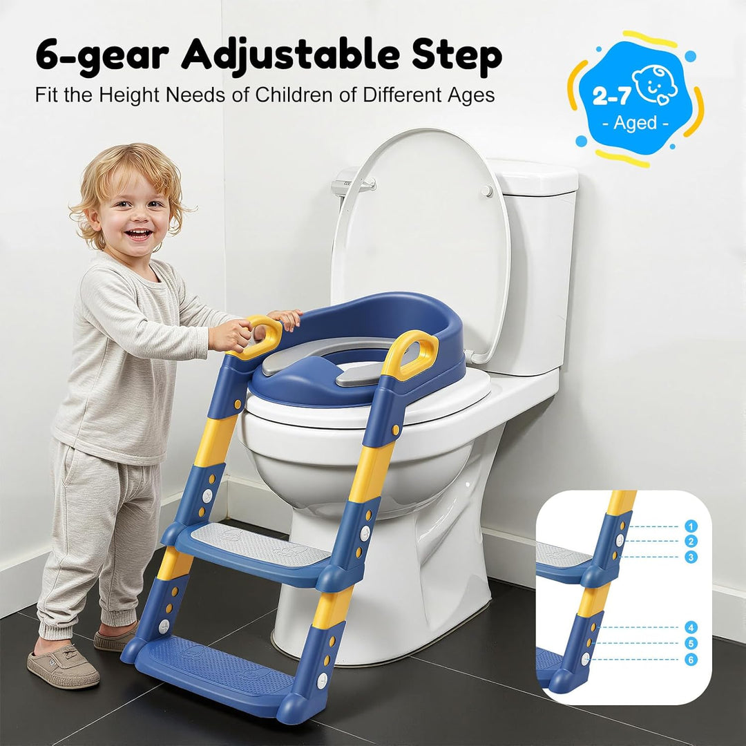 Kinder Toilettensitz mit Treppe abnehmbares PU-Kissen, höhenverstellbar 2–7 Jahre, klappbarer WC Sit