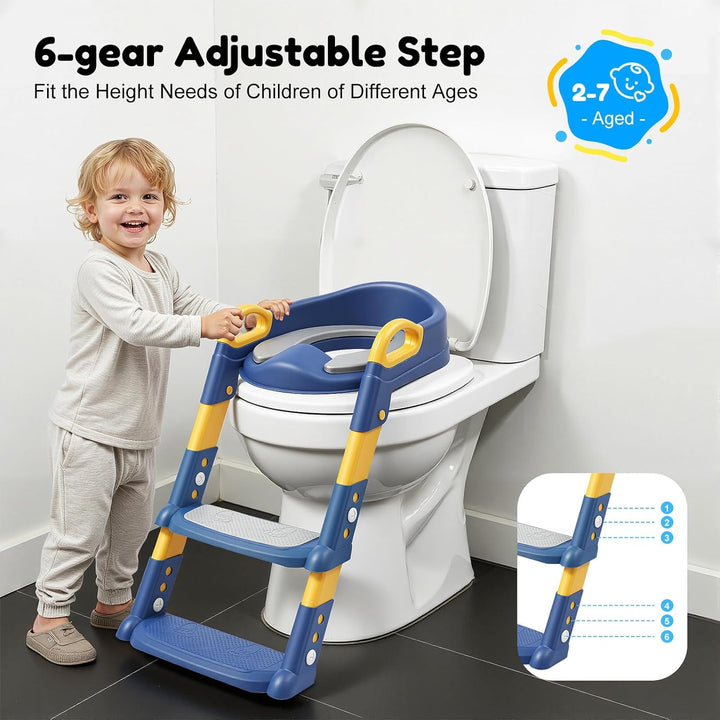 Kinder Toilettensitz mit Treppe abnehmbares PU-Kissen, höhenverstellbar 2–7 Jahre, klappbarer WC Sit