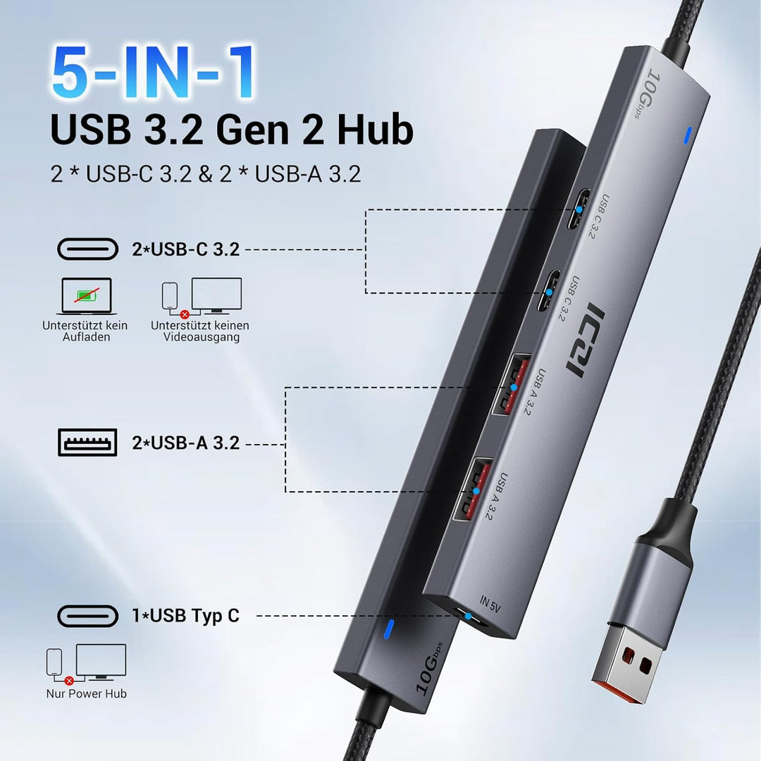 ICZI USB Hub 3.2 Verteiler 4 Port 10Gbps Mehrfachstecker USB 3.2 Gen 2 Adapter mit 120cm Kabel kompa