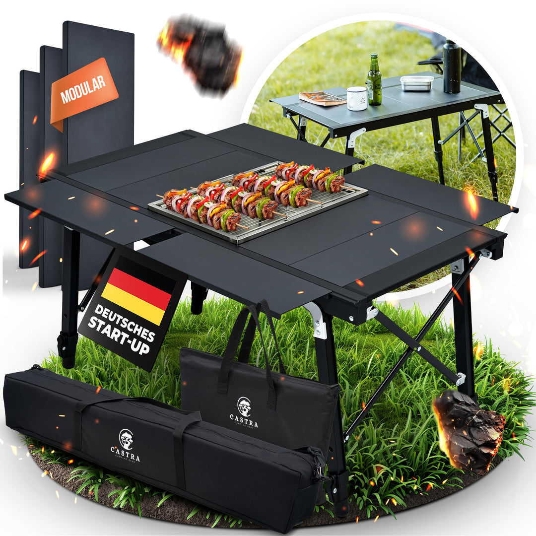 Castra Premium Campingtisch mit integriertem Grill – Aluminium 7075, höhenverstellbar, Outdoor wette