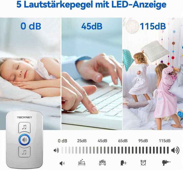 TECKNET Funkklingel, IP65 wasserdichte aussere Funkklingel mit 400 m Reichweite, Funk-Türklingel-Set